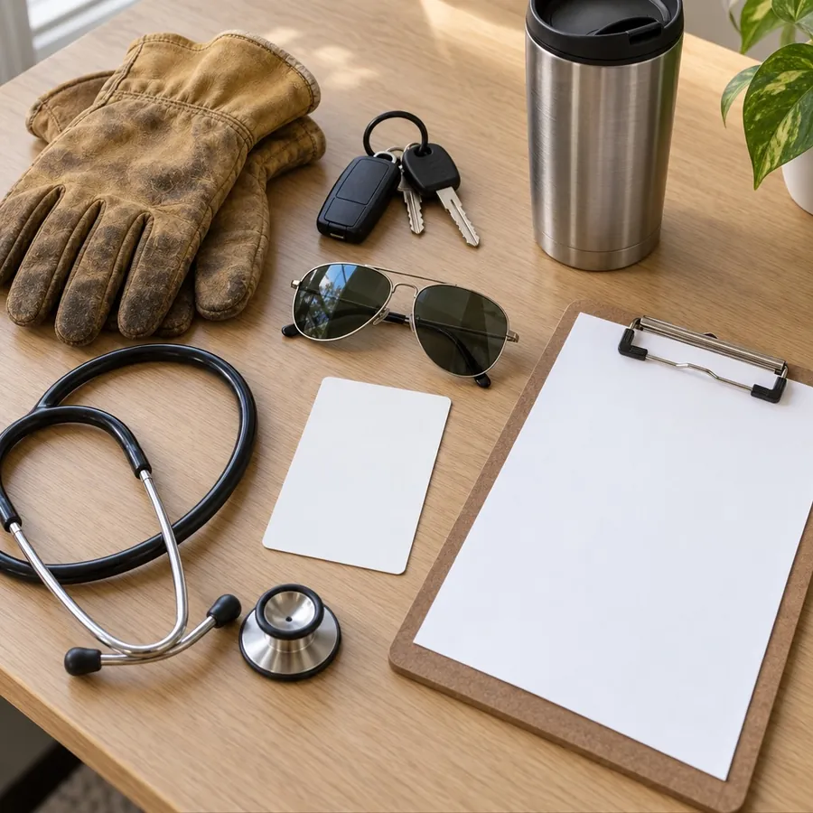 Work gloves, truck keys, sunglasses, a stethoscope, a blank card, a travel mug and a clipboard on a desk
