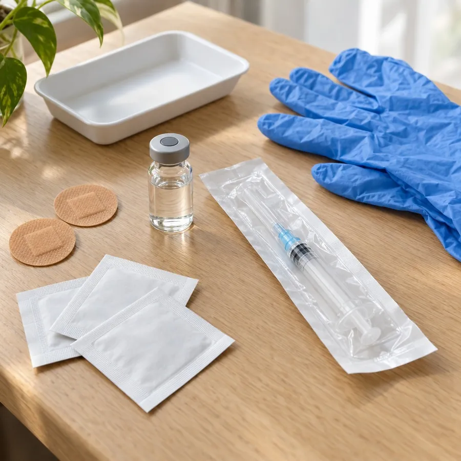 A clear unlabeled vial, a sealed syringe, two round bandages, alcohol pads and blue gloves on a white tray