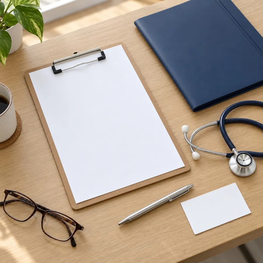 A desk with a clipboard, a blank form, a navy folder, a stethoscope, a pen, a blank vaccine card and a pair of glasses
