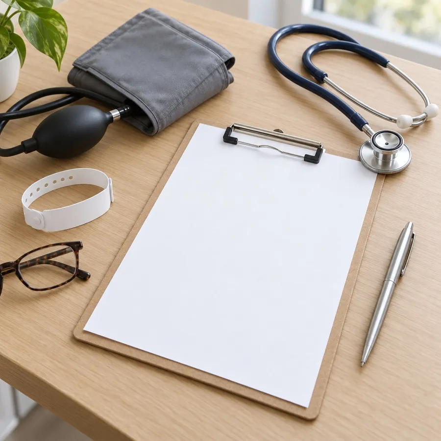 A clipboard with a blank form, a stethoscope, a blood pressure cuff, a blank hospital wristband, reading glasses and a pen on a desk