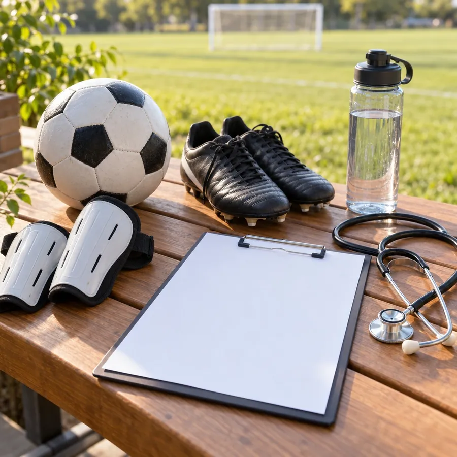 A wooden bench beside a sunny playing field with a soccer ball, cleats, shin guards, a water bottle, a stethoscope and a clipboard