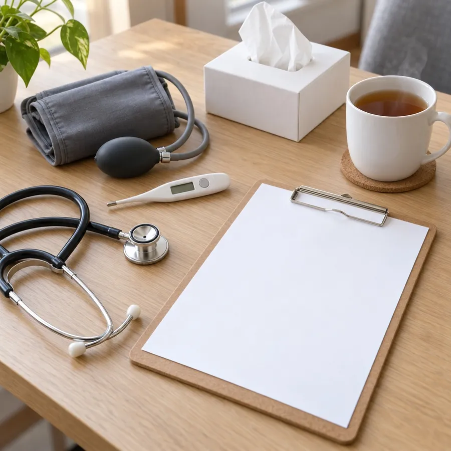 A stethoscope, thermometer, blood pressure cuff, tissues, a cup of tea and a clipboard laid out together