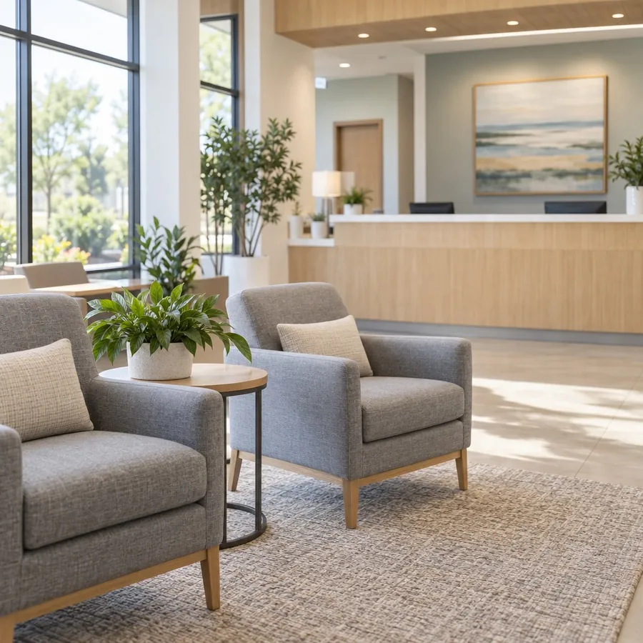 A bright clinic waiting area with two grey armchairs, a small table and a potted plant